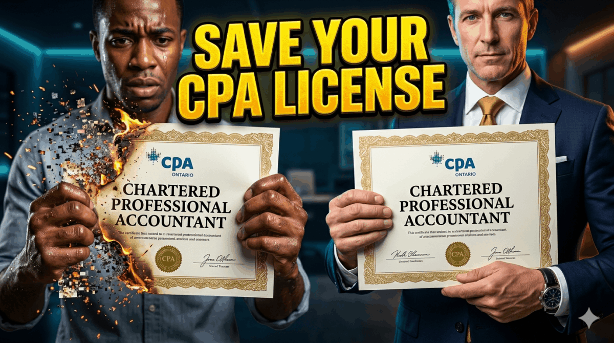 Split screen of a worried and depressed Ontario CPA bankruptcy on the left clutching his disintegrating CPA licence because of his financial insolvency and on the right, a calm CPA holding a solid CPA designation representing his stable situation after completing a successful consumer proposal with Ira Smith Trustee & Receiver Inc.