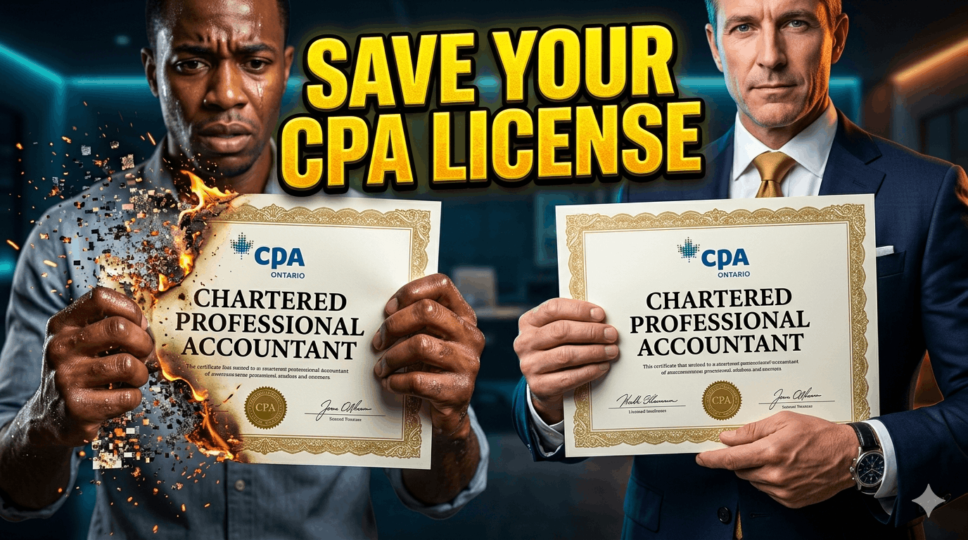 Split screen of a worried and depressed Ontario CPA on the left clutching his disintegrating CPA licence because of his financial insolvency and on the right, a calm CPA holding a solid CPA designation representing his stable situation after completing a successful consumer proposal with Ira Smith Trustee & Receiver Inc.