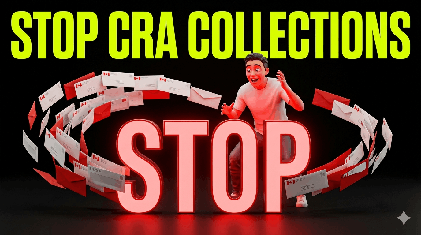 A swirling tornado of CRA collections notices and garnishments, with a person reacting with extreme relief after an insolvency filing with Ira Smith Trustee & Receiver Inc. with a stop sign representing the stay of proceedings.