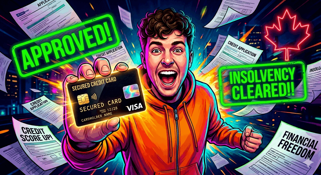 A person confidently reviewing financial documents and building credit with a secured credit card in Canada after insolvency