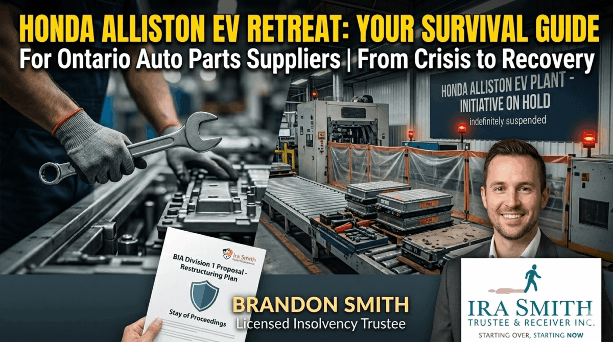 A split-screen image for a blog about the Honda Alliston EV retreat. The left side shows a factory worker’s hands holding a wrench over an auto parts assembly line. The right side features Brandon Smith, Licensed Insolvency Trustee, in a suit, in front of a factory background with a sign reading 'Honda Alliston EV Plant - Initiative on Hold'. Bold text at the top reads 'Honda Alliston EV Retreat: Your Survival Guide'. An Ira Smith Trustee & Receiver Inc. logo is in the bottom right corner.