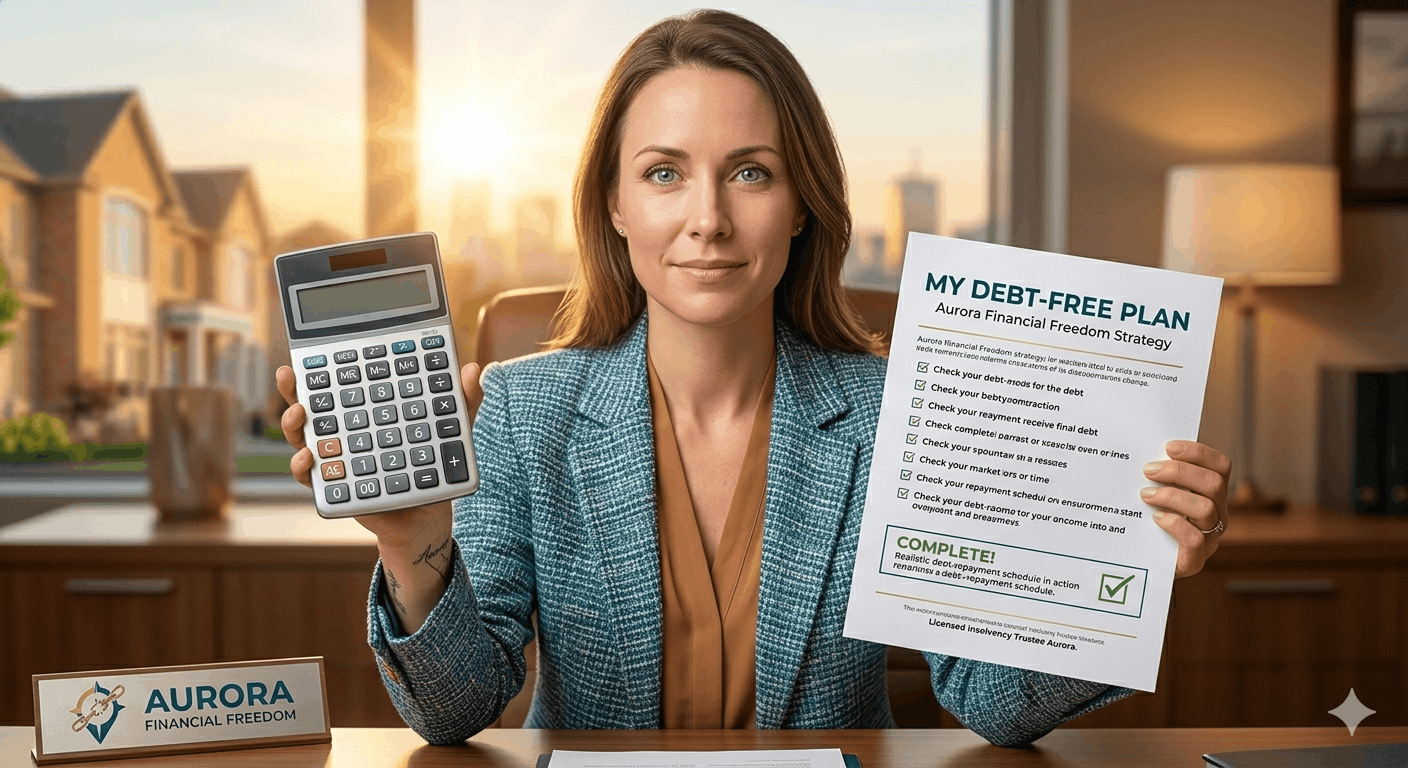 Licensed Insolvency Trustee Aurora: Protecting Your Future in Canada’s Golden Town 6 A person holding a calculator and a plan symbolizing the relief and clarity provided by a Licensed Insolvency Trustee Aurora.