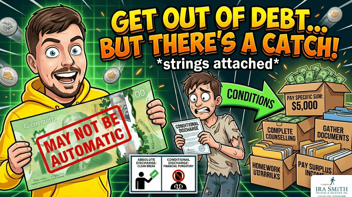 Define Conditional Discharge: The Truth About It Not Being An Automatic "Get Out of Debt Free" Card 1 Image reflecting the potential tha tan absolute discharge from bankruptcy is not automatic and showing the various attributes that define conditonal discharge.