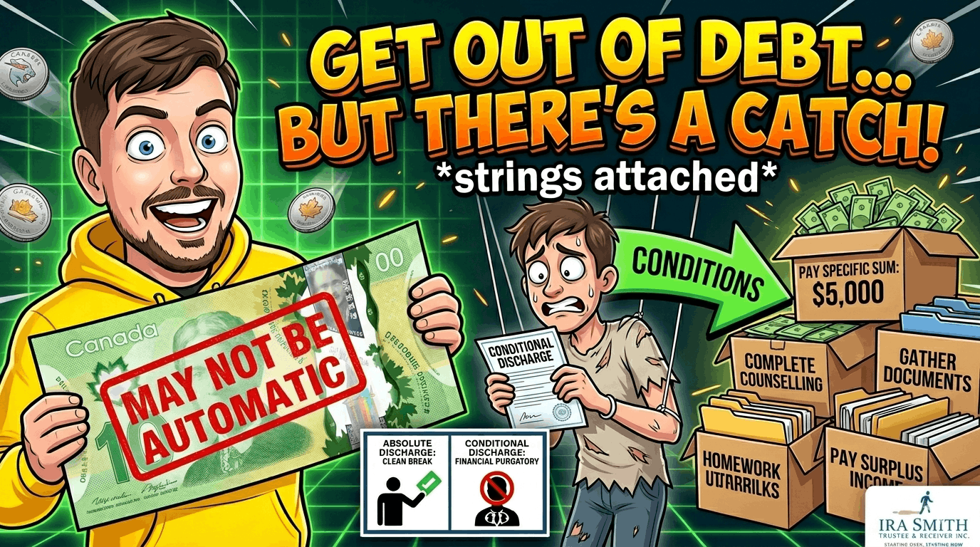 define conditional discharge Image reflecting the potential tha tan absolute discharge from bankruptcy is not automatic and showing the various attributes that define conditonal discharge.