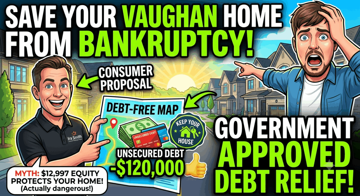 A graphic showing that by not filing for bankruptcy but using a government approved debt relief program called a consumer proposal and Vaughan Ontario resident can save their home.