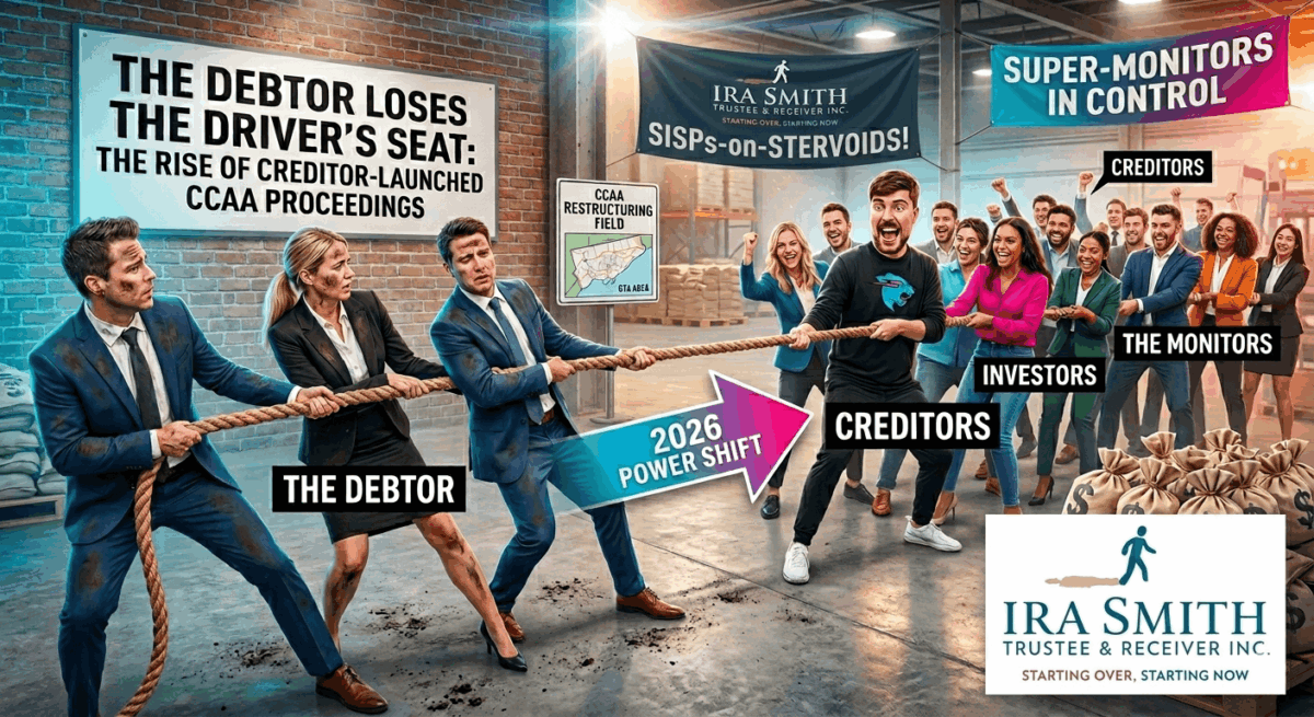 An image of a tug of war between the debtor company, creditors and shareholders on a CCAA reorganizataion administered by the Monitor Ira Smith Trustee & Receiver Inc.