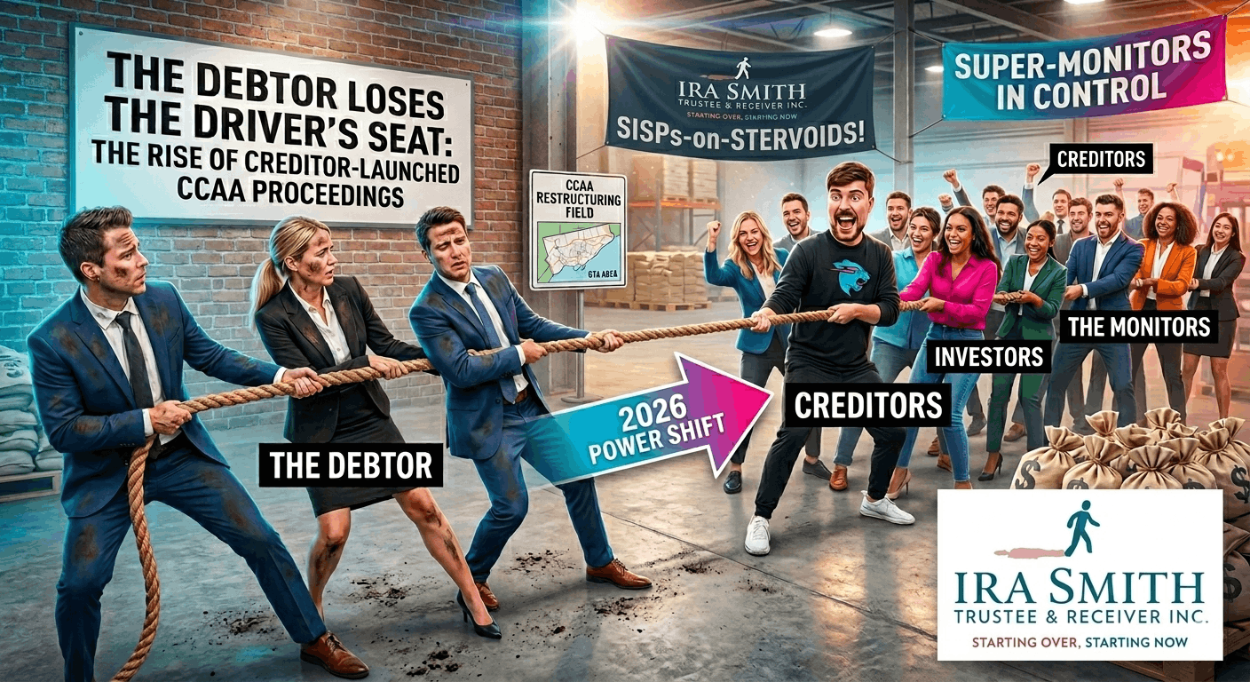 An image of a tug of war between the debtor company, creditors and shareholders on a CCAA reorganizataion administered by the Monitor Ira Smith Trustee & Receiver Inc.