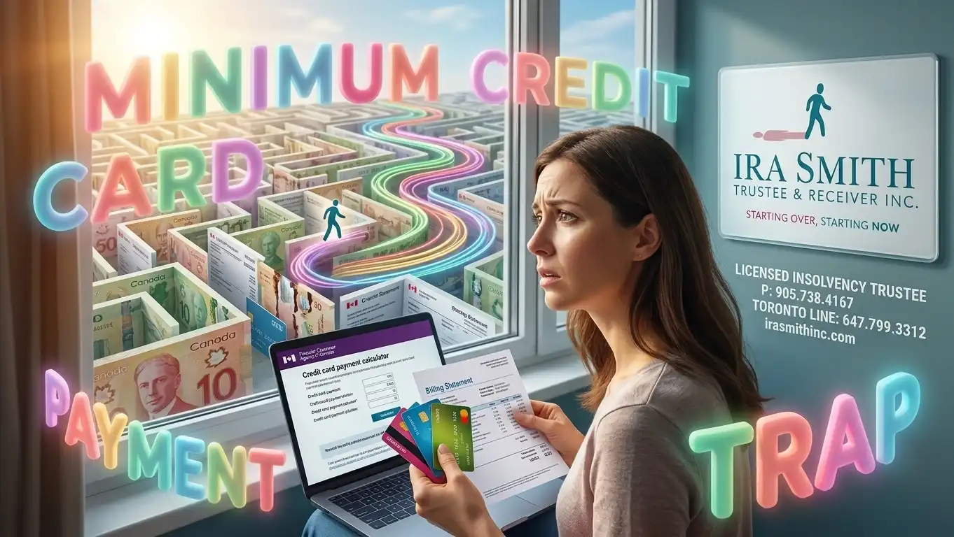 Stop the Minimum Credit Card Payment Cycle: Your Guide to Debt Relief in Ontario 4 A woman sitting in her office looking at here credit card bills online and trying to figure out how to make the minimum credit card payment across all her credit cards and needing advice from Ira Smith Trustee & Receiver Inc.