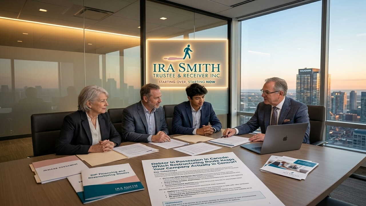 Company directors sitting in the Ira Smith Trustee & Receiver Inc. boardroom with a licensed insolvency trustee going over the debtor in possession restructuring plan.