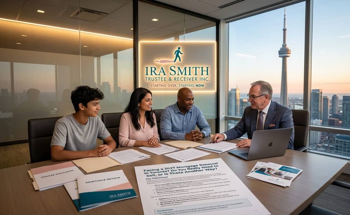 A family in the office of Ira Smith Trustee & Receiver Inc. reviewing their mortgage loan statement, other debt information and discussing how a consumer proposal willl help them keep their home by eliminating their unsecured debt payments.